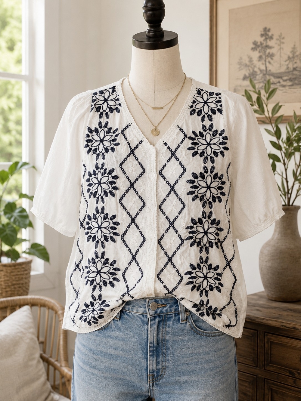 Ana & Rose White Navy Embroidered Floral Button Front Boho Blouse LP